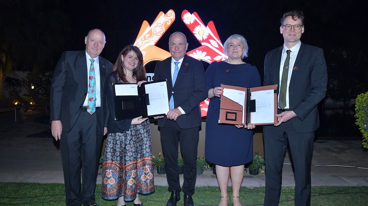 Freddy Svane (Danmarks ambassadør i Indien), Shannon Olsson (Global Director, echo network), Søren Gade (Folketingets formand), Christina Egelund (uddannelses- og forskningsminister), Jakob Ørberg (afdelingsleder, Novo Nordisk Fonden).
