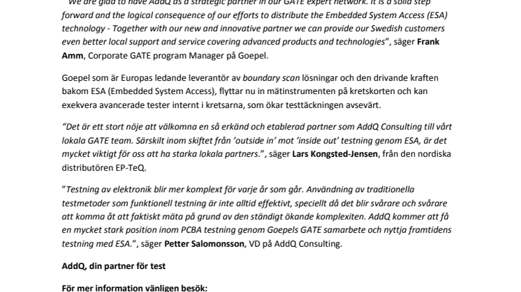 Europas ledande leverantör av boundary scan lösningar inleder strategiskt partnerskap med AddQ