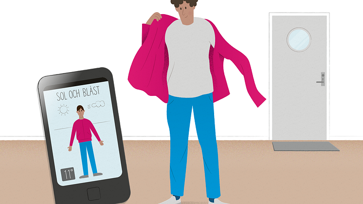 Appar som tipsar om vilka kläder som lämpar sig för dagen är exempel på digital teknik som kan bidra till delaktighet, självbestämmande och självständighet för personer med funktionsnedsättning. Illustration: Åsa Klingberg