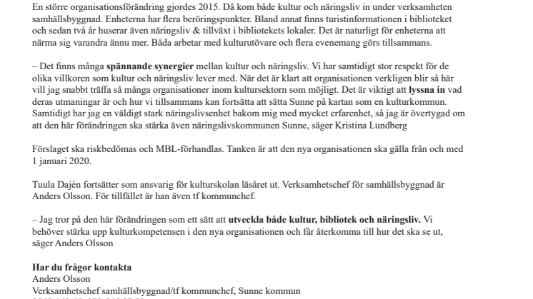 Förslag att Sunne kommuns enhet för kultur slås ihop med näringsliv & tillväxt 