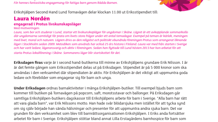Eriksstipendiet delas ut i Erikshjälpens Lund-butiker