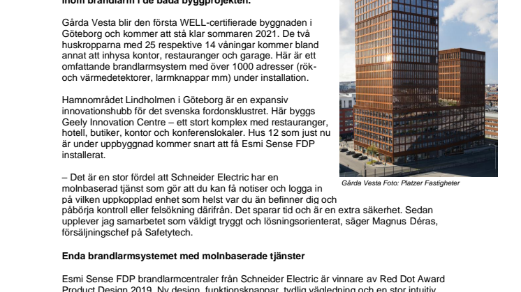 Uppkopplade brandlarmsystem från Schneider Electric installeras i nya byggnader i Göteborg