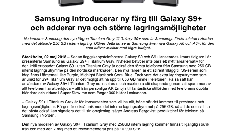 Samsung introducerar ny färg till Galaxy S9+ och adderar nya och större lagringsmöjligheter 