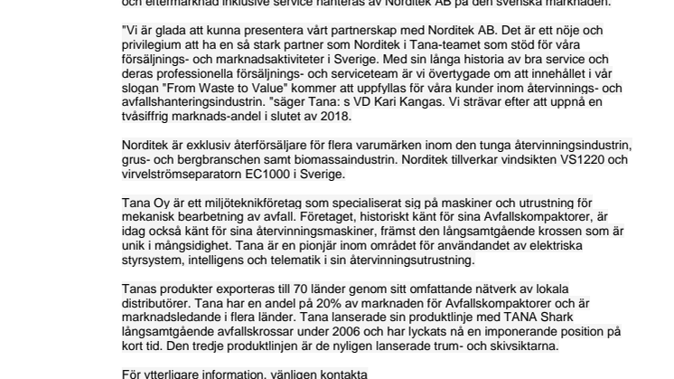 NORDITEK AB BLIR REPRESENTANT FÖR TANA I SVERIGE 