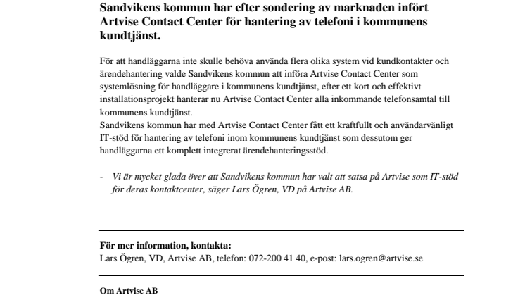 Sandvikens kommun har infört Artvise Contact Center!