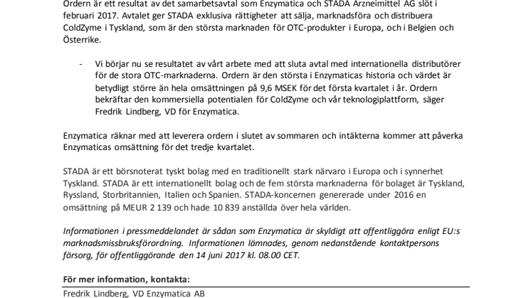Enzymatica får rekordorder från tyska STADA
