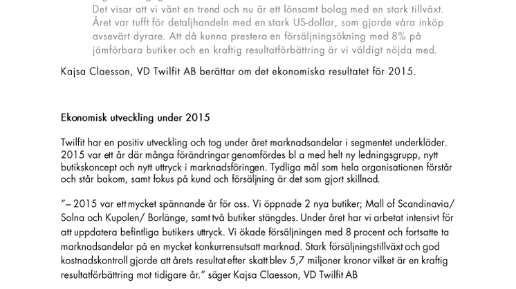 Twilfit redovisar kraftig resultatförbättring