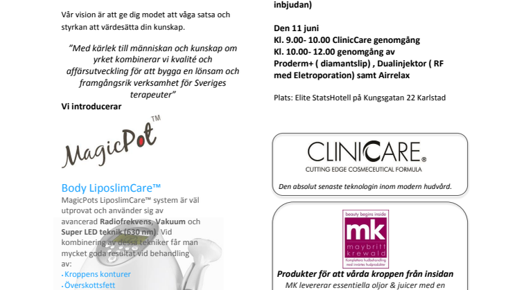Inbjudan för hudterapeuter till Workshop i Karlstad den 10 & 11 Juni
