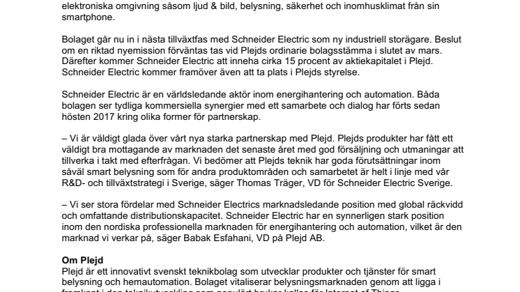 Schneider Electric kommer att investera i svenska Plejd