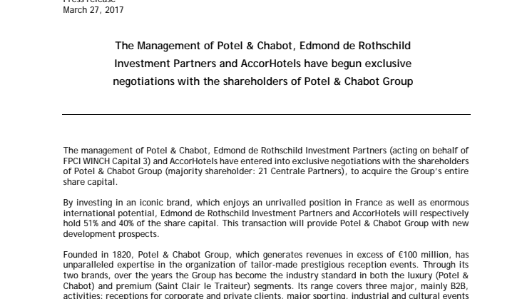 AccorHotels inleder strategiskt partnerskap med anrika service- och eventföretaget Potel & Chabot