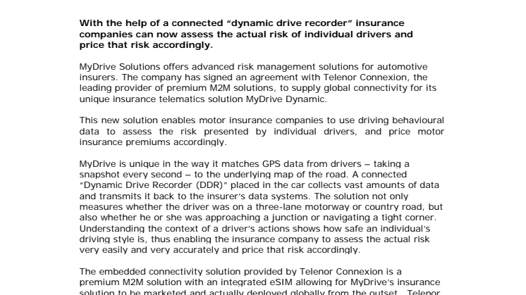 MyDrive’s unique insurance telematics solutions connected through Telenor Connexion