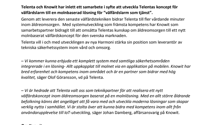 Telenta och Knowit i samarbete kring molnbaserad larmtjänst