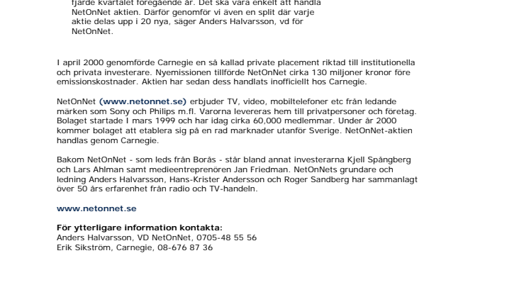 NetOnNet noteras på Nya Marknaden den 15 juni 2000