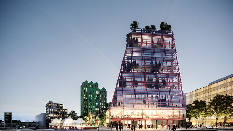 Det vinnande förslaget i markanvisningstävlingen i Hyllie centrum, The Embassy of Sharing, med byggnaden Fyrtornet. Vy från Stationstorget. Illustration: Wingårdh arkitektkontor