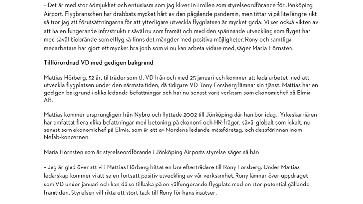 Maria Hörnsten blir ny styrelseordförande och Mattias Hörberg tf VD för Jönköping Airport