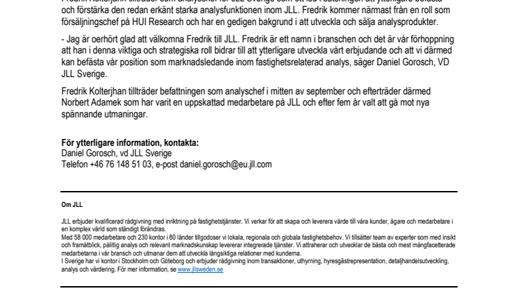 Fredrik Kolterjahn ny analyschef på JLL