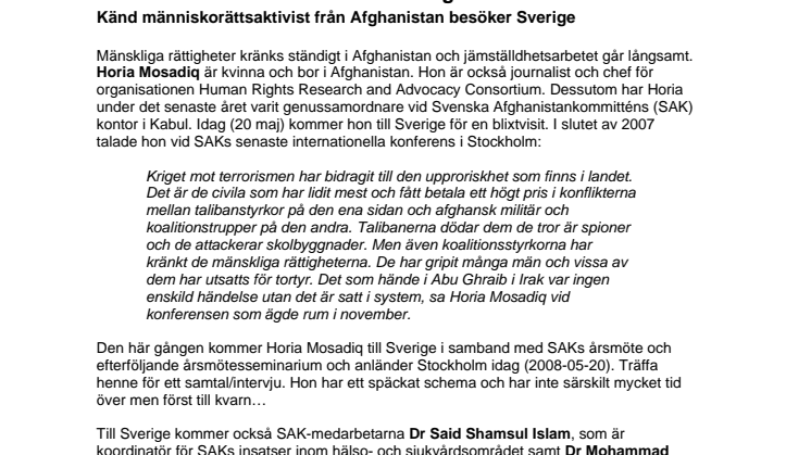 ”Det som hände i Abu Ghraib var ingen enskild händelse” Känd människorättsaktivist från Afghanistan besöker Sverige