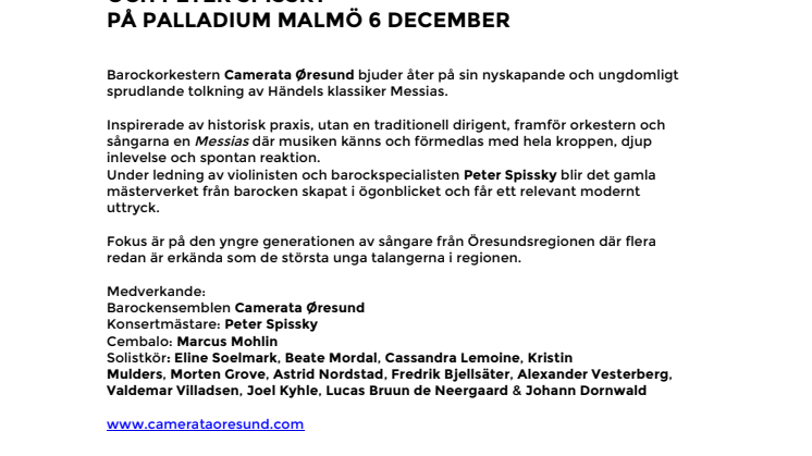 Händels Messias med Camerata Øresund och Peter Spissky på Palladium Malmö 6 december