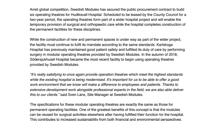 Hudiksvalls Lasarett säkerställer kirurgisk verksamhet med Swedish Modules modulära operationssalar