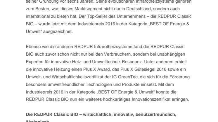 Die HALLER Classic BIO –  BEST OF Industriepreis 2016