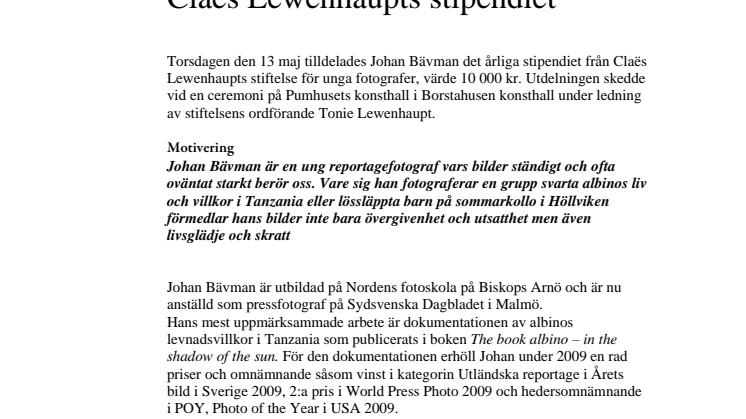 Johan Bävman tilldelad Claës Lewenhaupts stipendiet 