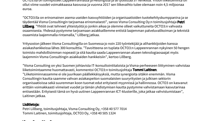 Visma osti OCTO3 Oy:n ja jatkaa vahvaa kasvua IT-konsultointimarkkinalla