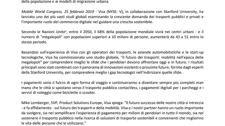 Visa Global Study identifica i principali fattori di successo per migliorare gli spostamenti quotidiani e creare città più intelligenti ed efficienti