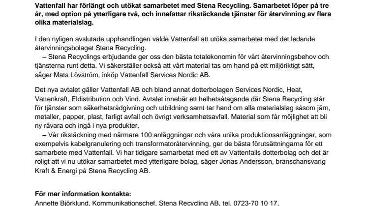 Vattenfall och Stena Recycling i utökat samarbete