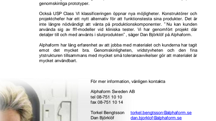 Alphaforms fff-material uppfyller USP Class VI krav
