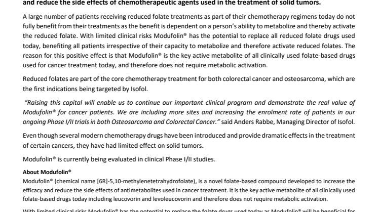 Isofol Medical share issue oversubscribed, securing over SEK 39 million to strengthen the ongoing Phase II clinical development program of Modufolin®