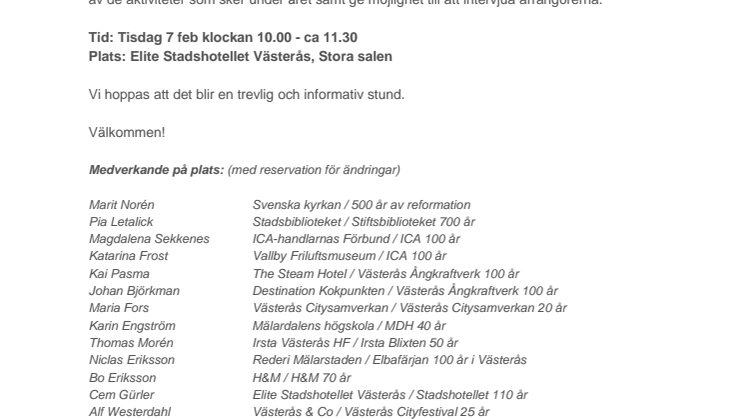 Inbjudan till pressträff och ”startskottet” för  Västerås jubileumsår 2017