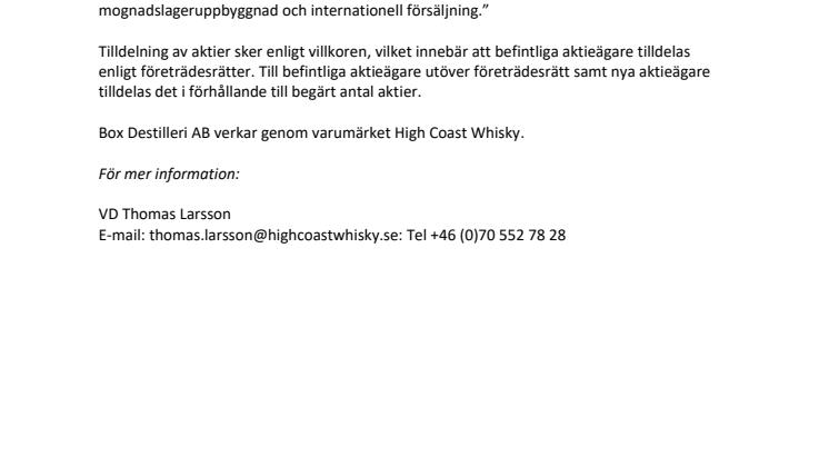 Box Destilleris nyemission rejält övertecknad med 17%