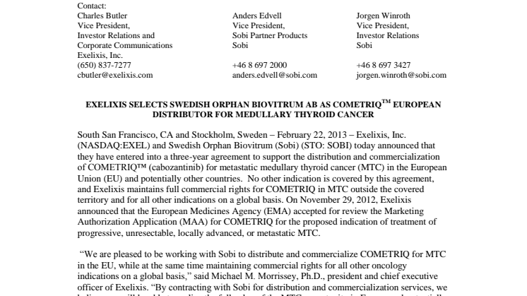 Exelixis selects Sobi as COMETRIQ european distributor for medullary thyroid cancer