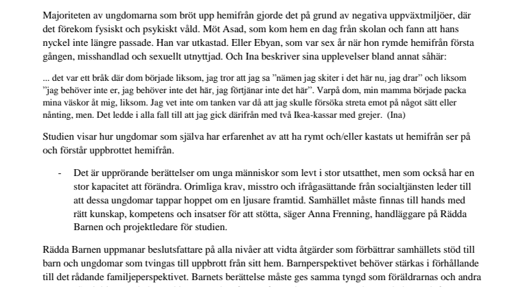 Ny undersökning om barn som rymmer eller kastas ut hemifrån
