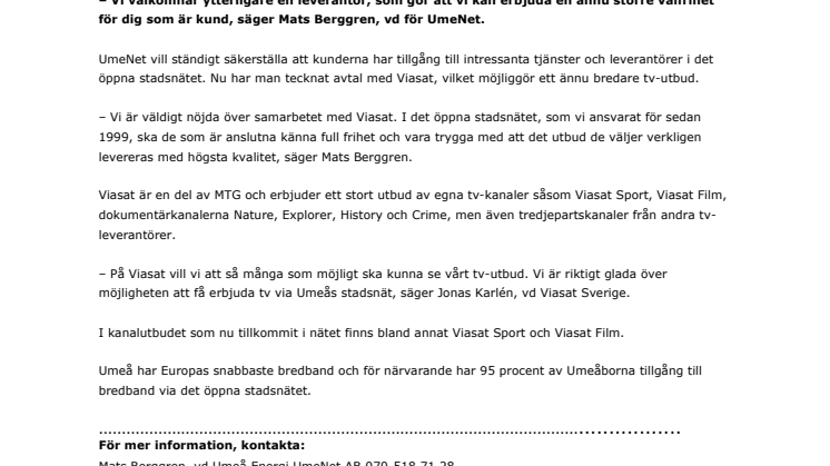 Ännu bredare tv-utbud med Viasat i UmeNets supersnabba stadsnät 