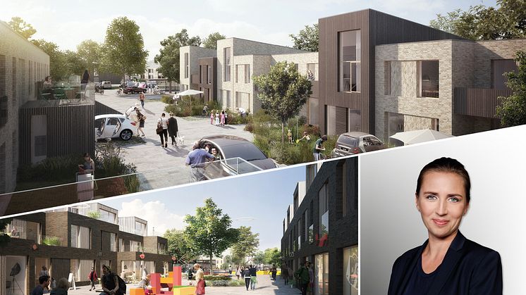 LINK arkitektur står for renoveringen af et stort alment boligbyggeri Aalborg Øst. Socialdemokratiets formand Mette Frederiksen er begejstret for projektet, der bringer nyt liv og fællesskab til bydelen. Ill.: LINK arkitektur/Socialdemokratiet