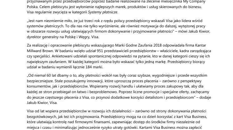 Visa wybrana Marką Godną Zaufania trzeci rok z rzędu