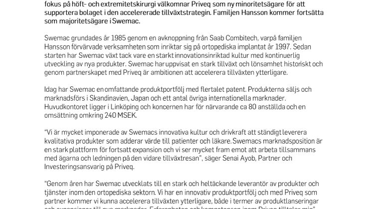 Priveq – ny tillväxtpartner till Swemac