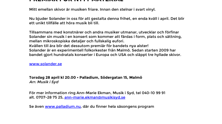 Solander på Palladium Malmö 28 april  – premiär för nytt material!