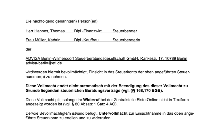 ADVISA - Vollmacht Steuerkonto online (Berlin)