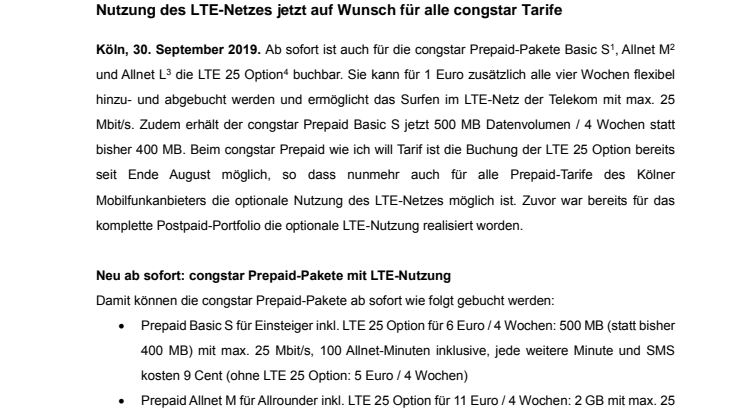 Ab sofort LTE 25 Option auch für congstar Prepaid-Pakete buchbar 