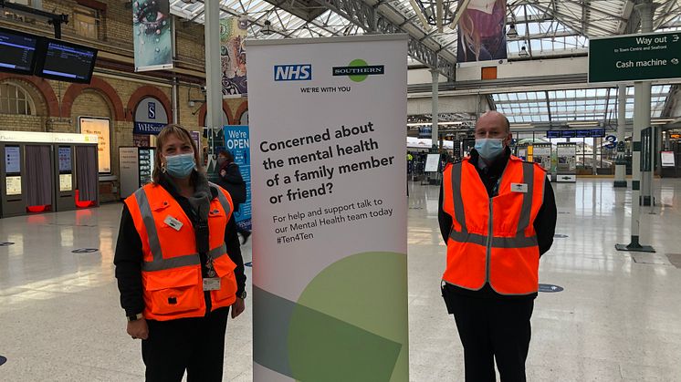 Station manager, Kate Richards, and Team Leader, Matt Knott, setting up the mental health hub at Eastbourne station