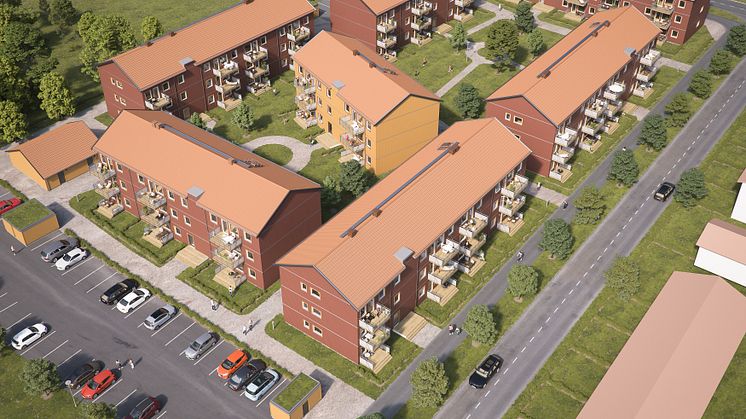 Översiktsillustration av det nya området med lägenheter, BoKlok Svärdet i Hemlingby. 