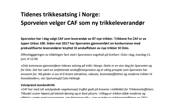 Tidenes trikkesatsing i Norge: Sporveien velger CAF som ny trikkeleverandør