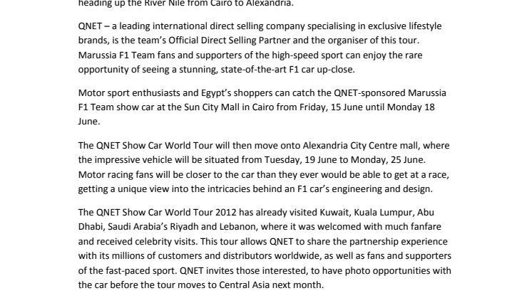 QNET sponsored Marussia F1 Team Show Car stops off in Egypt