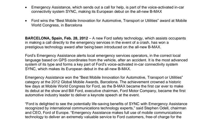 FORD VINDER GLOBAL MOBILPRIS FOR TEKNOLOGI I DEN NYE NEW B-MAX