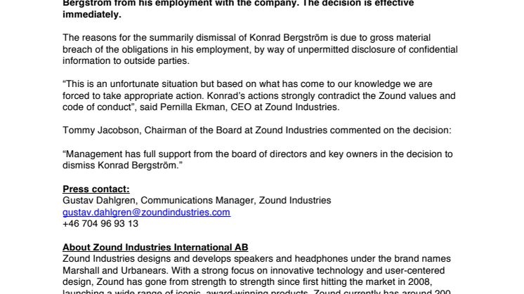 Konrad Bergström to leave Zound Industries