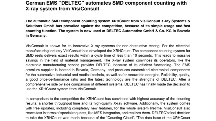 German EMS “DELTEC” automates SMD component counting with X-ray system from VisiConsult