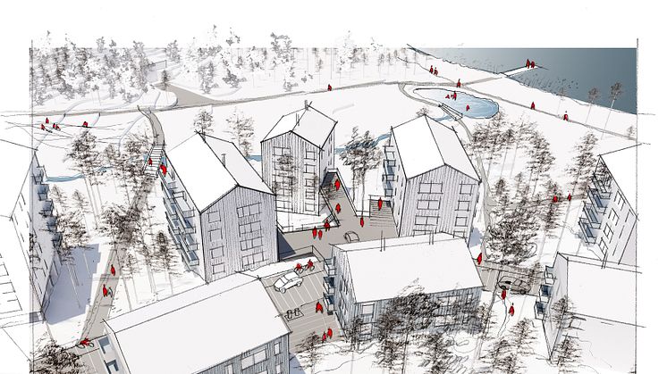 Byggnader samspelar med områdets unika förutsättningar, dess tallskog och terräng med blicken mot sjön Lommaren. Bostädernas grannskap, både människorna och naturen, är central i visionen om det nya området.