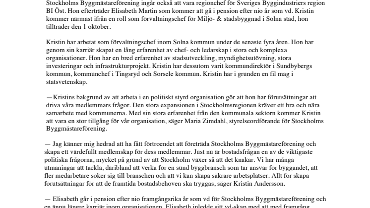 Kristin Andersson utsedd till ny vd för Stockholms Byggmästareförening